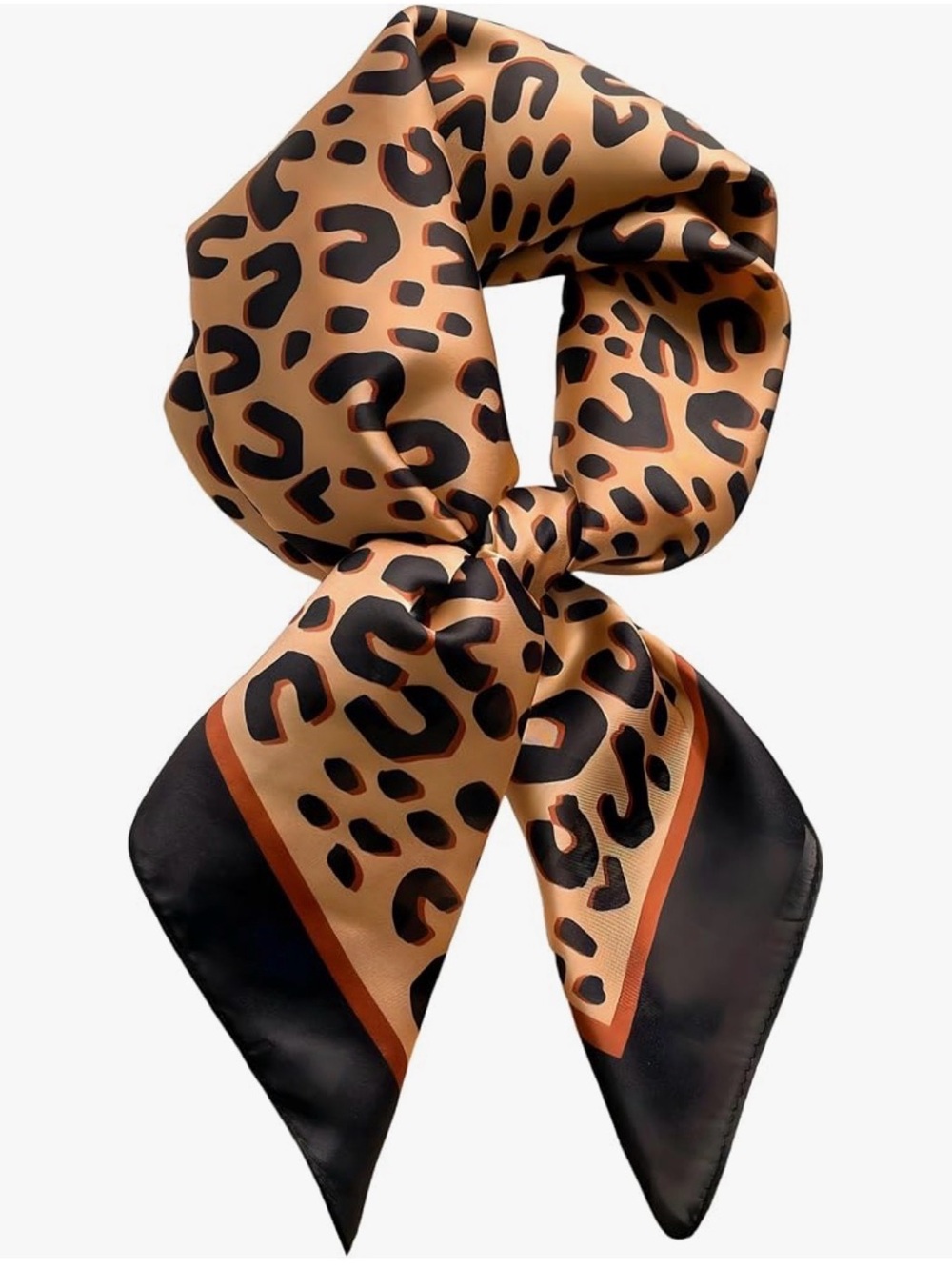 NEW Silky Satin Texture Leopard Print Square Scarf - Black & Tan